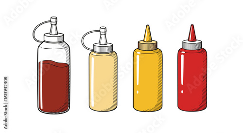 Four colorful squeeze bottles filled with popular condiments for everyday meals and snacks