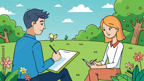 Couple sketching in a sunny park setting, vector illustration