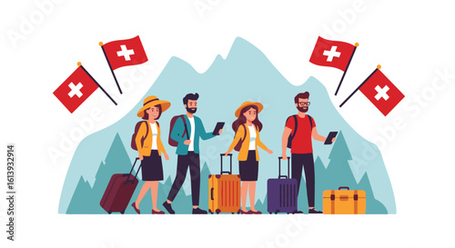 Excited tourists exploring Switzerland with luggage and flags against mountain scenery