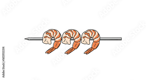 Three delicious shrimp cooked on a metal skewer ready for grilling or serving as a tasty appetizer