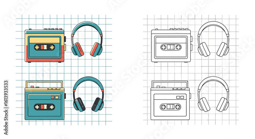 Nostalgic audio gear featuring vintage cassette players and headphones in a stylized retro design