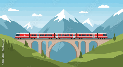 Experience Switzerland by rail, explore scenic mountain views from a modern red train