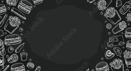 Delicious fast food collection featuring burgers fries and drinks artfully arranged on a dark background