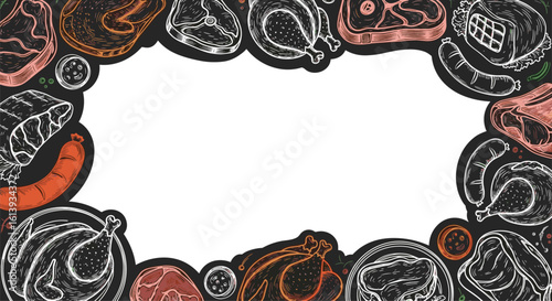 An assortment of delicious meats and grilled items creating a decorative border around a blank white space