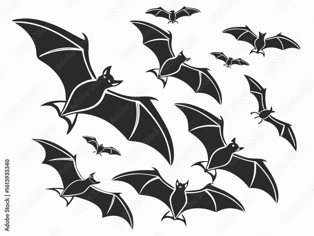 Naklejka premium A Silhouette of Bats Flying in a Group Perfect for Halloween Decorations and Designs