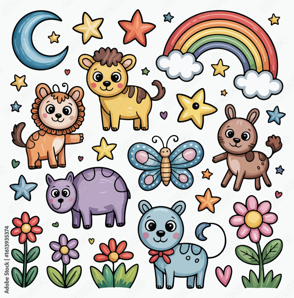 Naklejka premium A funny cartoon animal set with vector illustrations of a cute baby dog, cat, and other zoo pets