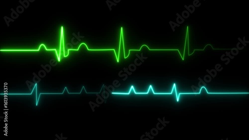 Abstract neon heartbeat signal icon animation on a background. Glowing neon green, cyan color heartbeat rate Animation. Emergency ECG monitoring.