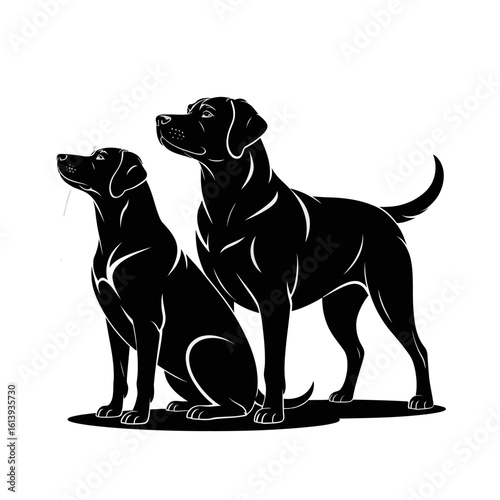 Two black labrador dogs silhouette isolated on white background