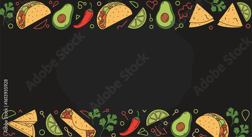 Delicious mexican food border with tacos burritos avocados chili peppers and lime slices on a dark background