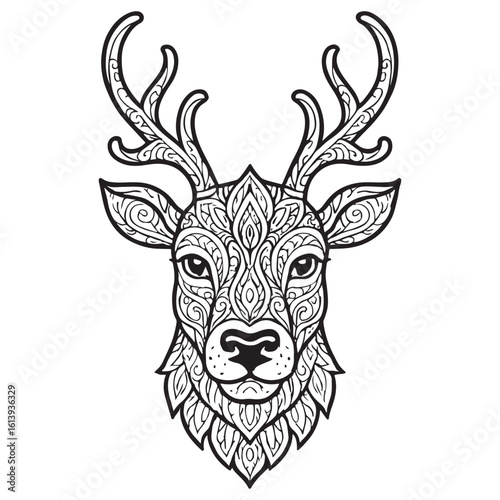 Reindeer face outlined in symmetrical floral mandala line designs
