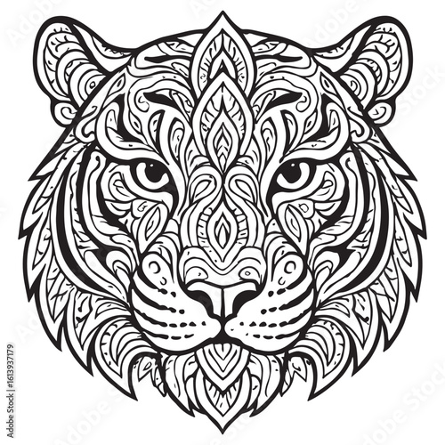 Symmetrical tiger head with intricate mandala floral line patterns