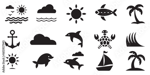 Collection of Black and White Nautical and Tropical Icons Including Sun Sea Waves Dolphins Anchor Clouds Palm Trees Turtle and Sailboat