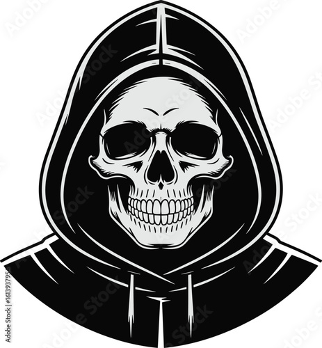 Intricately detailed monochrome illustration depicting a grim reaper skull wearing a hooded sweatshirt