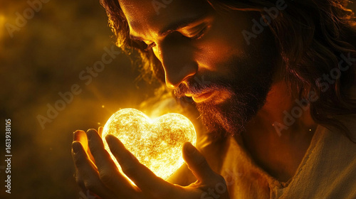 Close-up of Jesus gently holding a glowing heart in His cupped hands, with golden light illuminating His calm face