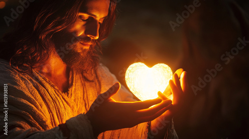 Jesus holding a luminous heart toward a wounded person, light reflecting in their hopeful eyes