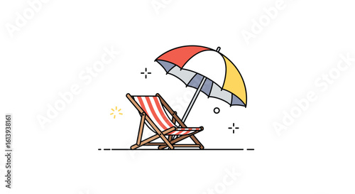 Relaxing beach chair and umbrella under bright sunny sky for leisure and vacation enjoyment