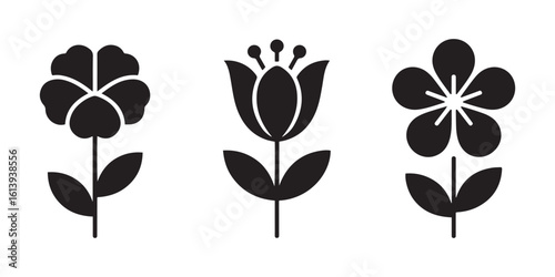 Three Black Silhouette Flower Icons Simple Floral Designs Botanical Elements Set Vector Graphics Isolated White Background