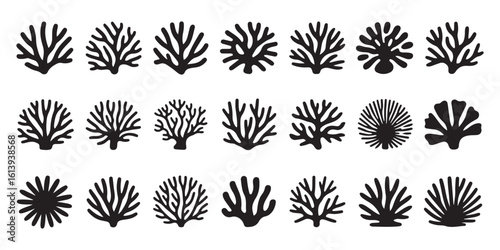 Collection of Twenty Four Black Silhouette Coral Reef Icons Set Isolated on White Background Various Shapes and Sizes Vector Illustration