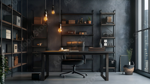 Modern Masculine Workspace with Concrete Walls and Warm Lighting