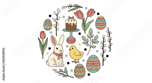 Spring festival celebration elements featuring easter symbols and botanical decorations in a circle