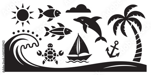 Black and White Nautical Summer Icons Set Ocean Wave Sun Fish Dolphin Sailboat Palm Tree Anchor Turtle