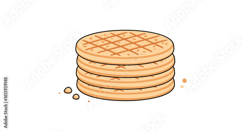 Delicious golden brown waffles stacked high with crumbs scattered around the base ready for a tasty breakfast