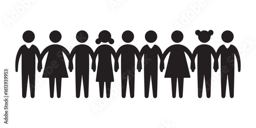 Eight Black Silhouettes of People Holding Hands in a Row Simple Minimalist Design white