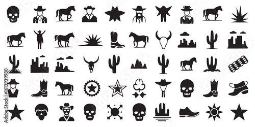 Collection of Black Silhouette Icons Depicting Western Themes Cowboys Horses Cacti Skulls Stars Boots Mountains and Deserts