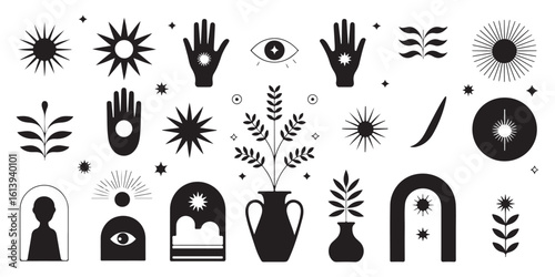 Black and White Vector Silhouette Collection Mystical Sun Stars Hands Plants Eye Symbols Abstract Minimalist Design Elements