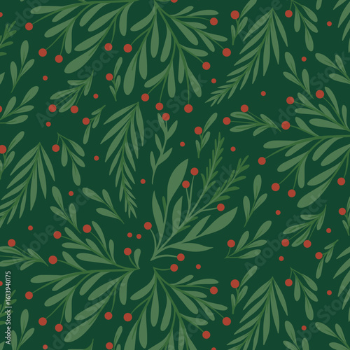 Classic Christmas Greenery Seamless Pattern – Festive Leaves and Red Berries