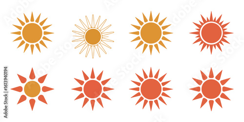 Eight stylized sun icons in orange and gold tones varying in ray style and color saturation presented on a white background simple