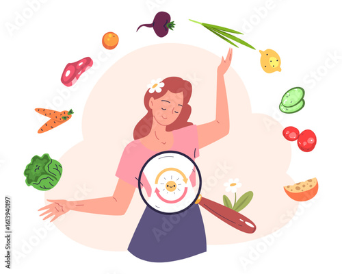 Human body metabolism. Woman metabolic system process, healthy food energy diet nutrition hormone biochemistry circulation organism digestive cycle atp concept vector illustration
