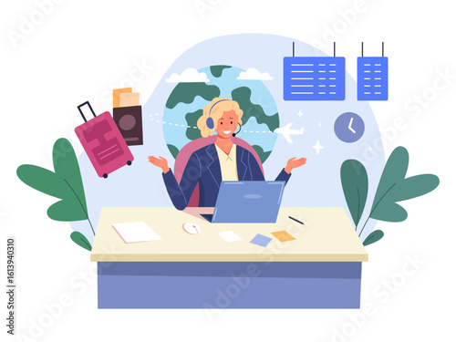 Tour manager. Woman travel agent, touristic agency operator call center consultant at computer laptop desk booking service flight company tourism trip office vector illustration