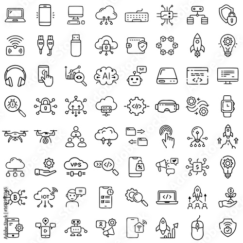 Collection of line icons representing technology concepts, devices, and data management
