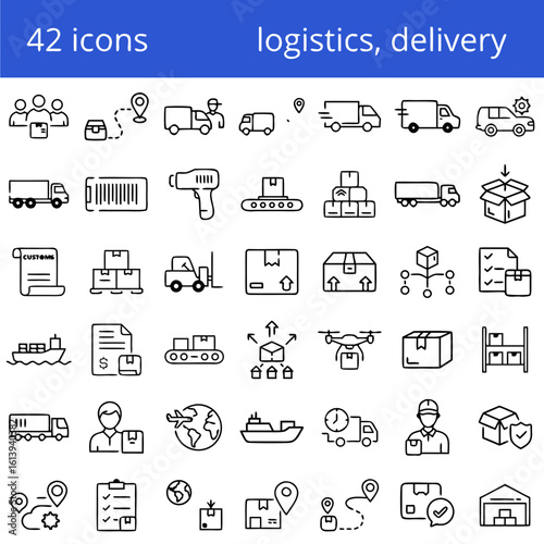 Collection of line icons representing logistics, shipping, and transportation processes
