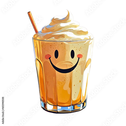 Lassi drink  with smiley face and whipped cream in glass, isolated on white background