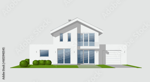Stunning modern white house with large windows, glass balcony, and garage, pristine landscaping