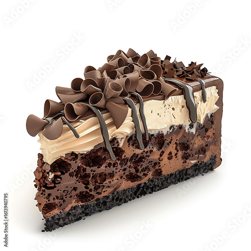 Decadent Slice of Chocolate Cake with Cream Layers and Shavings