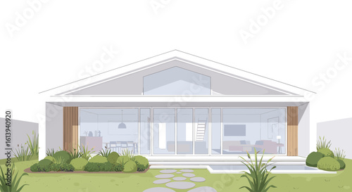 Modern minimalist home design showcases bright open-plan living with expansive glass walls and lush garden landscaping