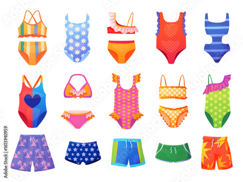 Swimsuits for children. Kids swimwear, child summer beach clothes swimsuit girls boys swimming trunks kid underpants for sea pool water swim sun bathing, swanky vector illustration