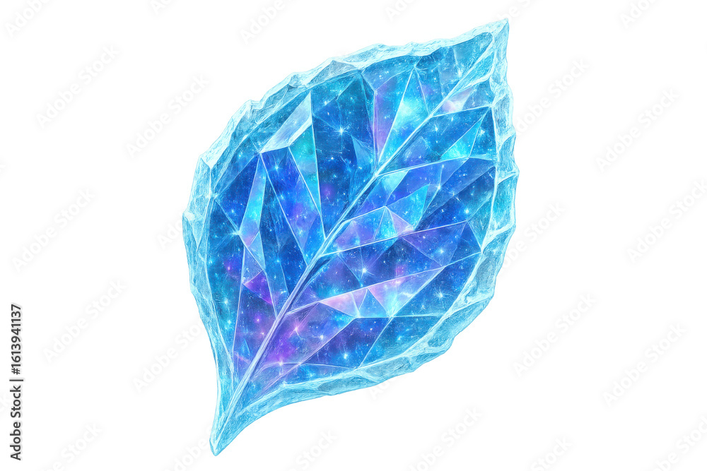 Fototapeta premium Sparkling crystal leaf refracting light, casting magical reflections across delicate crystalline surface with ethereal luminescence