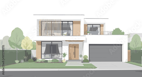 Stunning modern architectural home design featuring clean lines, natural wood accents, and lush landscaping for upscale living