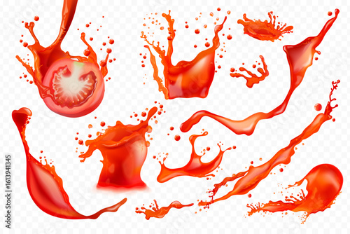 Realistic tomato juice. Tomatoes red fruit splash, 3d ketchup flow liquid flow drop strawberry grapefruit watermelon fresh juices vegetable beverages, set exact vector illustration