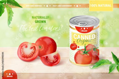 Canned tomato ad. Realistic tomatoes paste can label advertising mockup template banner design, tin vegetable food product cooking soup sauce ingredient, exact vector illustration