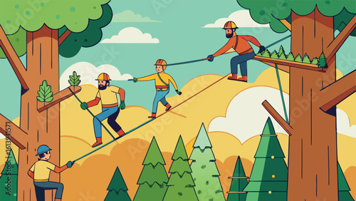 Tree workers engage in careful planting, vector illustration