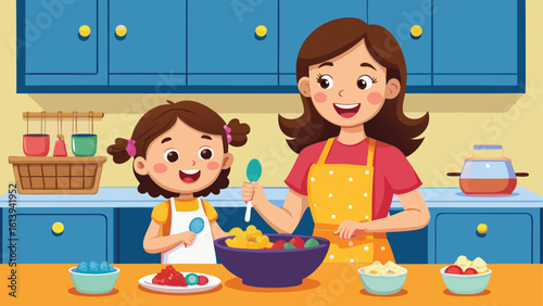 Mom and daughter cooking together