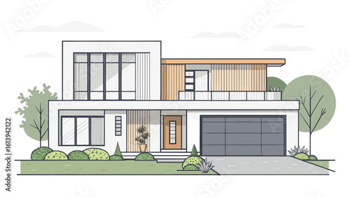 Modern minimalist house design with clean lines and natural wood accents offers elegant curb appeal for upscale living