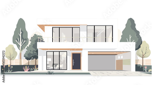 Stunning modern white house with large glass windows and lush green trees, perfect for architectural design concepts.