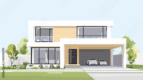Modern minimalist two-story house featuring sleek design, expansive windows, natural wood accents, and a two-car garage with luxury vehicles.