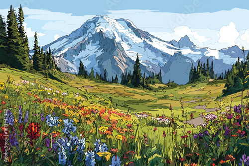 Wildflower Blanketed Mount Rainier Meadows USA isolated